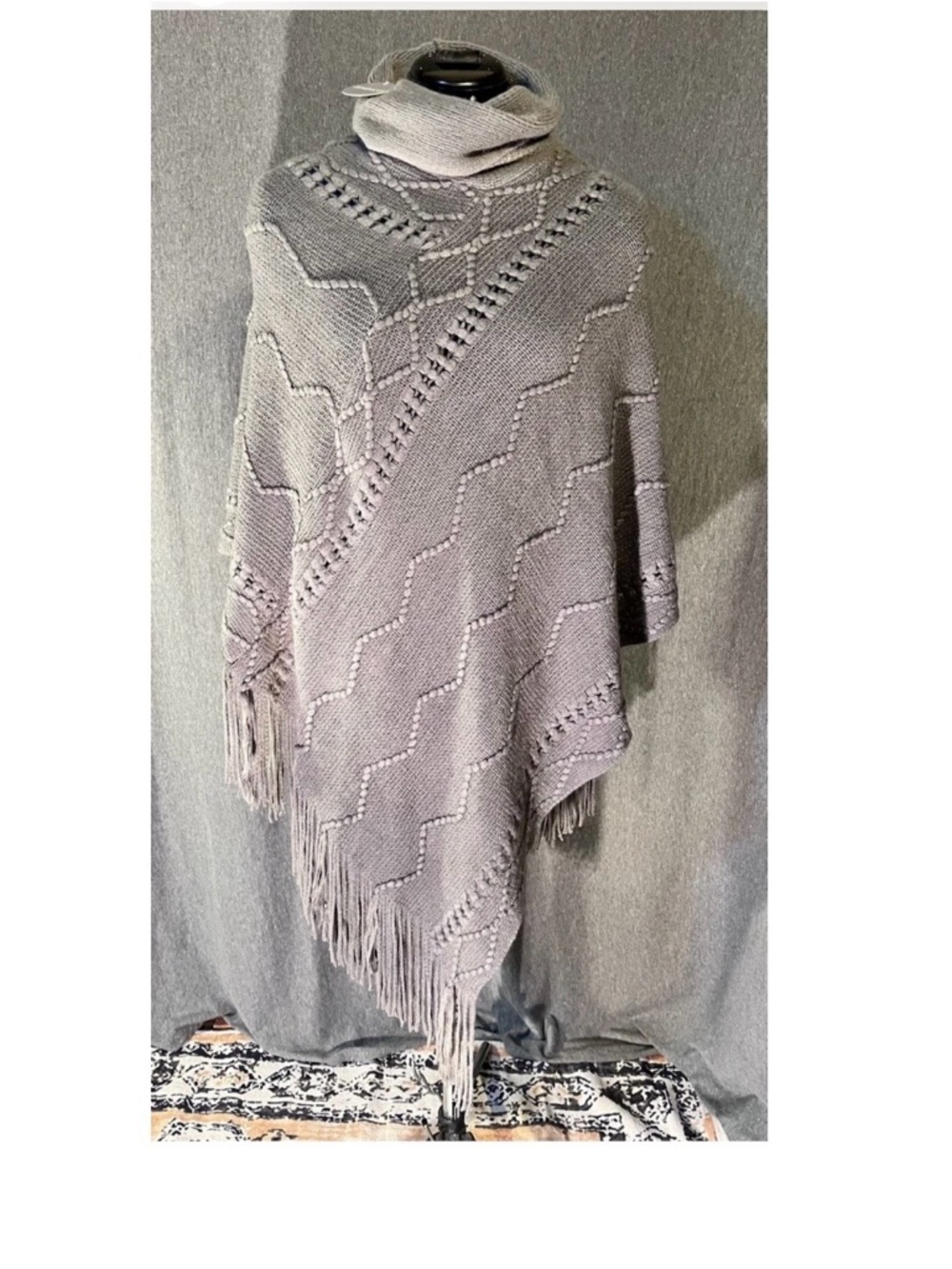 Demdaco Light Gray Knit Fringe Poncho